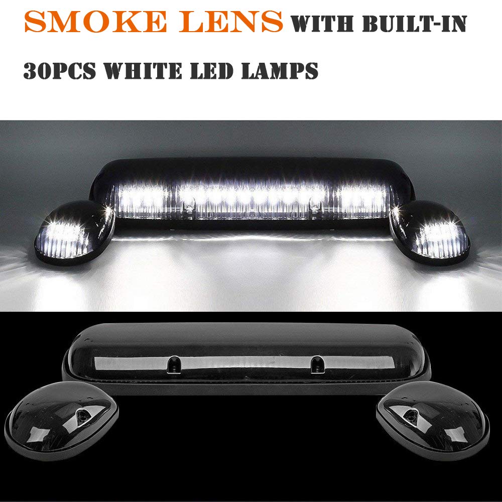 NPAUTO 3pcs Smoked Cab Marker Lights White 30 LED Roof Top Running Lights w/Wiring Pack Replacement for 2002-2007 Chevy Silverad