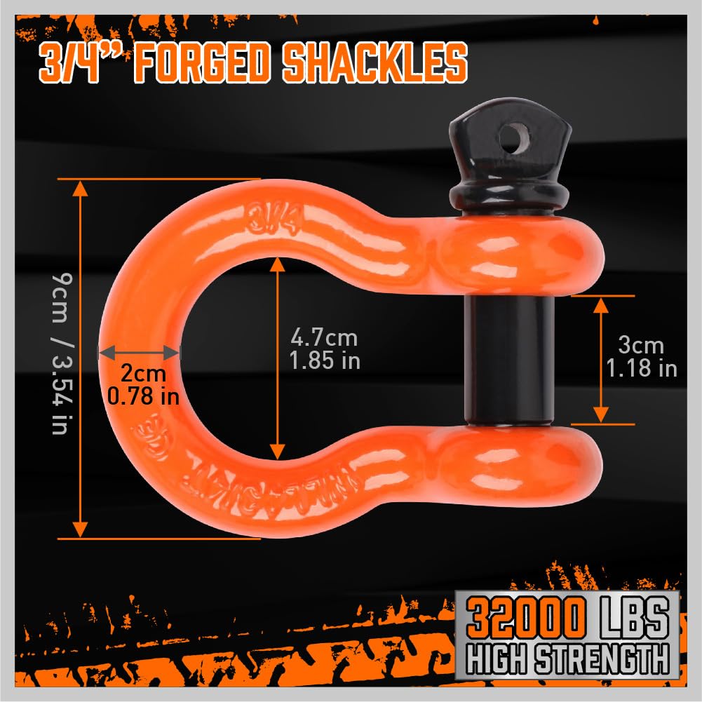 Horusdy Nylon Heavy Duty Tow Strap Recovery Strap With Hooks 3'' X 30Ft - 32,000 Lbs Break Strength, 3/4 D Ring Shackles (2Pcs),