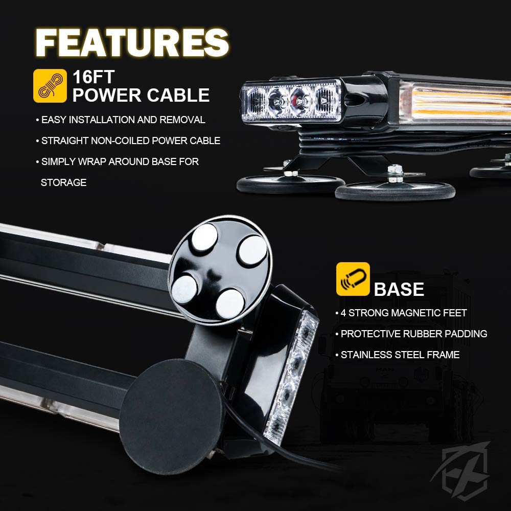 Xprite Amber Cob Led Rooftop Strobe Lights Bar, Double Side Flashing Emergency Hazard Caution Warning Beacon Lightbar W/Magnetic