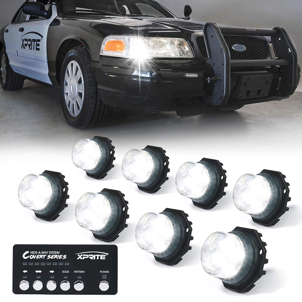 Xprite White Led Hideaway Emergency Strobe Lights Kit, 20 Flashing Modes W/Controller Headlights Taillights Fog Light Mounting,