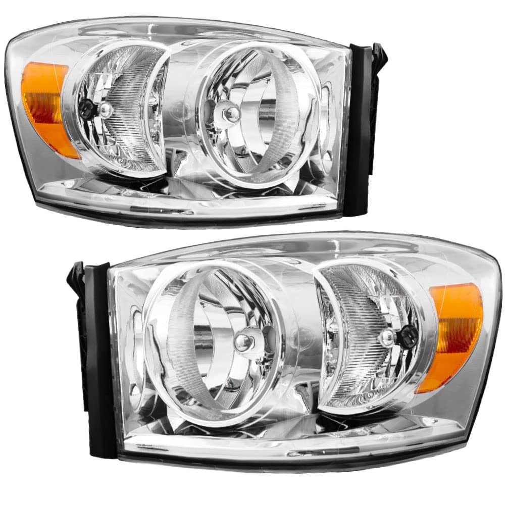 Sockir Headlight Assembly Compatible With 06 07 08 Dodge Ram 1500/06 07 08 09 Ram 2500 3500 Pickup Passenger And Driver Side, Chrome Housing & Amber Reflector