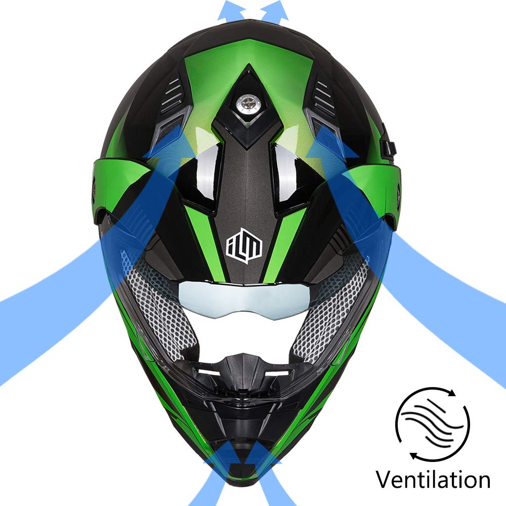 Ilm Off Road Motorcycle Dual Sport Helmet Full Face Sun Visor Dirt Bike Atv Motocross Casco Dot Certified Model 606V(Green, S)
