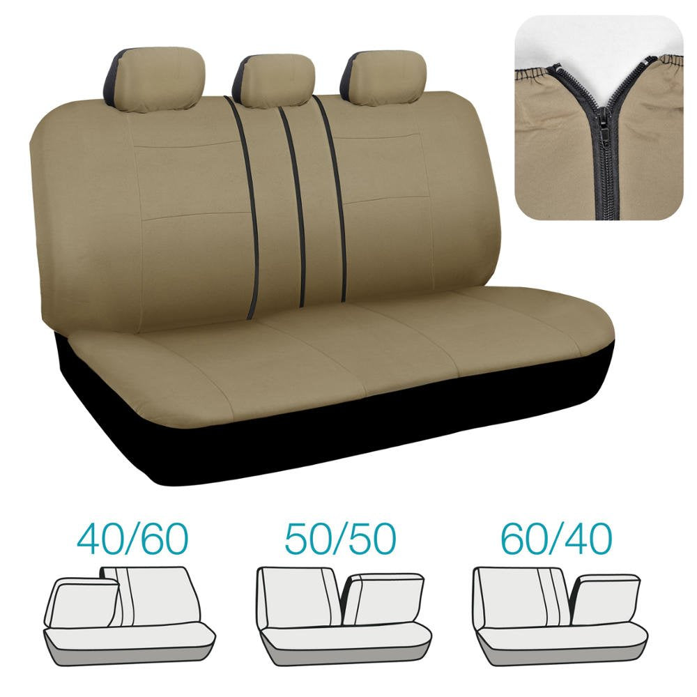 Bdk Os-309-Ab Tan Trim Black Car Seat Covers Full 9 Piece Set, Sleek & Stylish, Split Option Bench 5 Headrests Front & Rear Bench, Beige