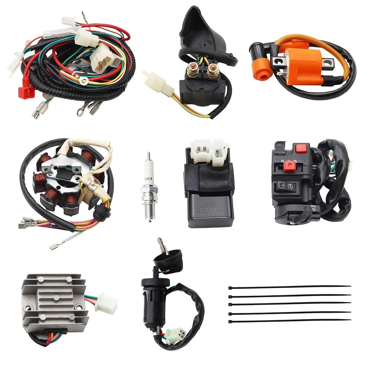PRO BAT ATV Quad Complete Electrics AC Wire Harness Kit with CG-8 Stator 6-Pin AC CDI Multi-Functional ATV Switch Ignition Coil 