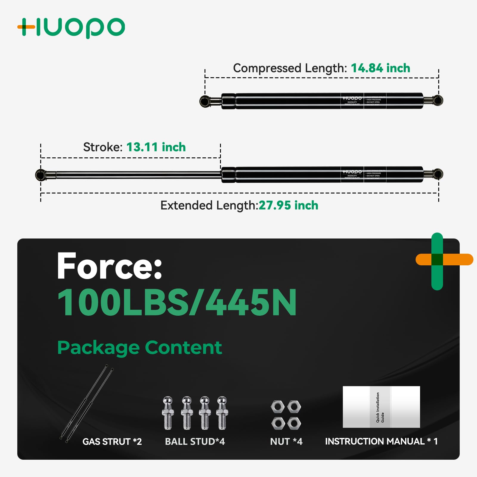 28 inch 100 lb 445 N Gas Strut Shock for Snowmobile Clam Shell Trailer Roof Top Cap Lid Queen Murphy Bed Tonneau Cover Hatch Boa