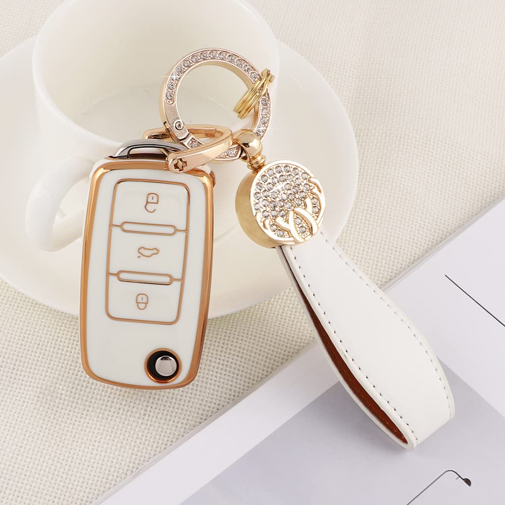 Pifoog Key Fob Cover For Vw Volkswagen White Gold Keys Case Shell Protecor Tpu Keychain Fit Volkswagen Passat Beetle Golf Gti Jetta Tiguan Accessories Girly Cute