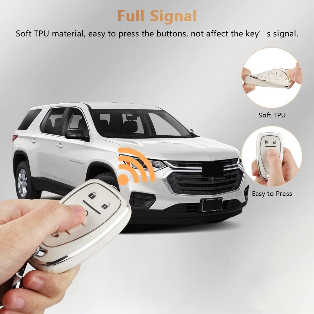 Pifoog Key Fob Cover For Chevy Keychain Bling White Silver Tpu 5 Button Car Keys Case Shell Protector For Chevrolet Equinox Trav