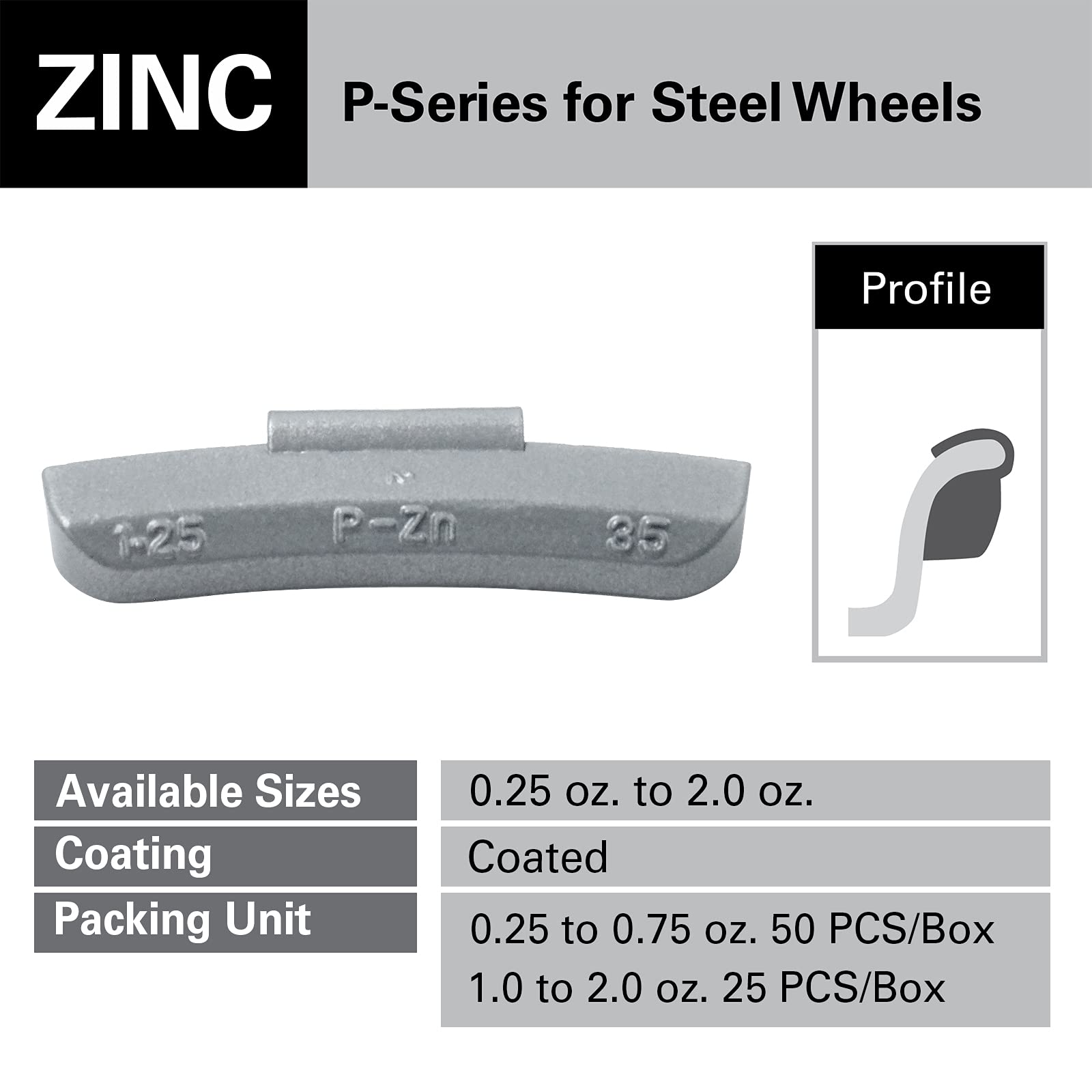 CKAuto P Series Zinc Clip on Wheel Weights 0.75oz, 3/4oz, Coated, 50Pcs/Box Fit for Steel Wheel