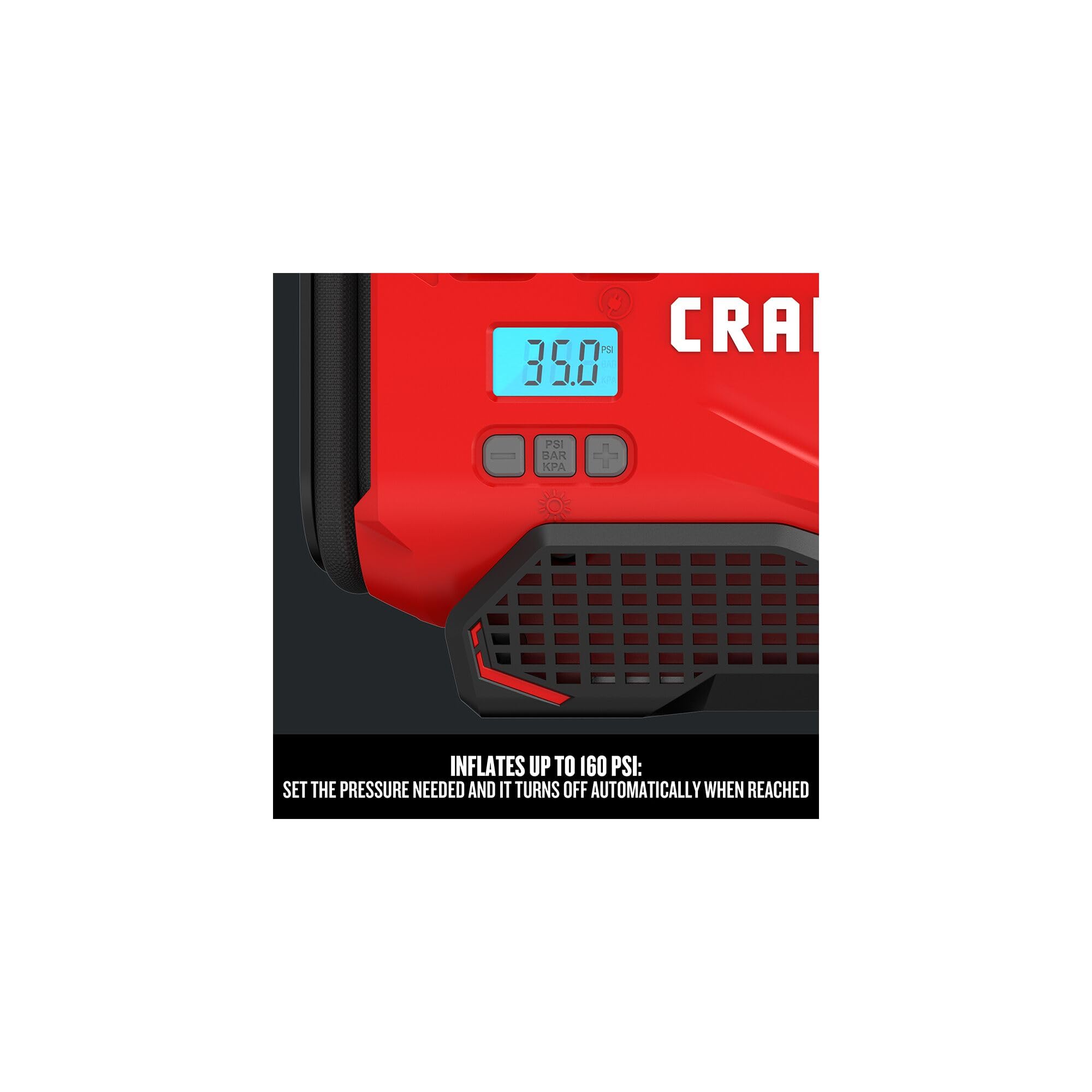 Craftsman V20 Tire Inflator, Compact Portable Design, Digital PSI Gauge, Model CMCE520B, Red, Automatic Shut Off