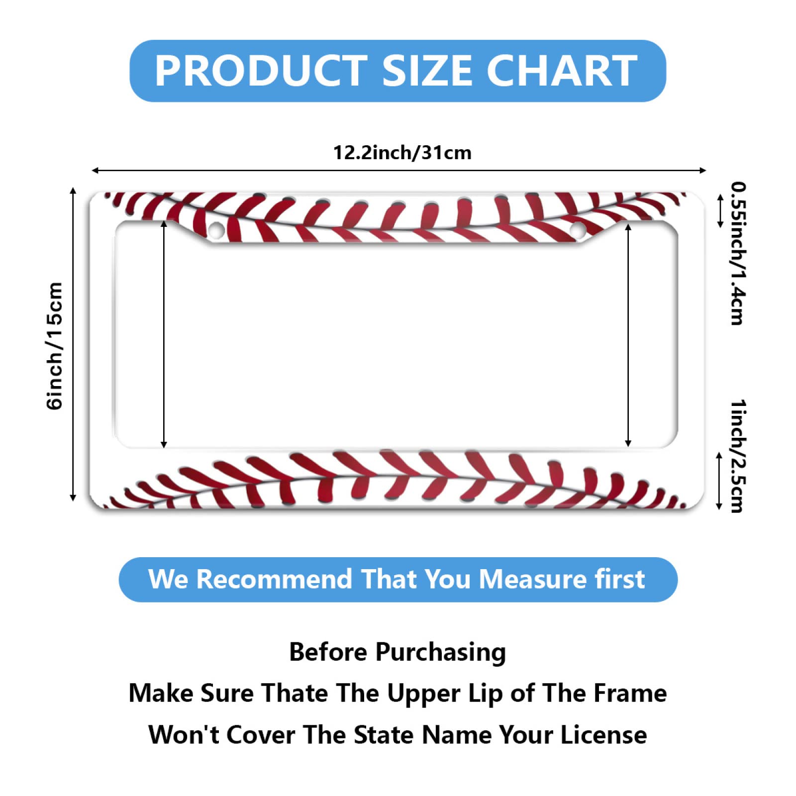 Personalized License Plate Frame Stainless Steel Funny Baseball Texture Pattern Car License Plate Accessory Decorative 2 Holes A