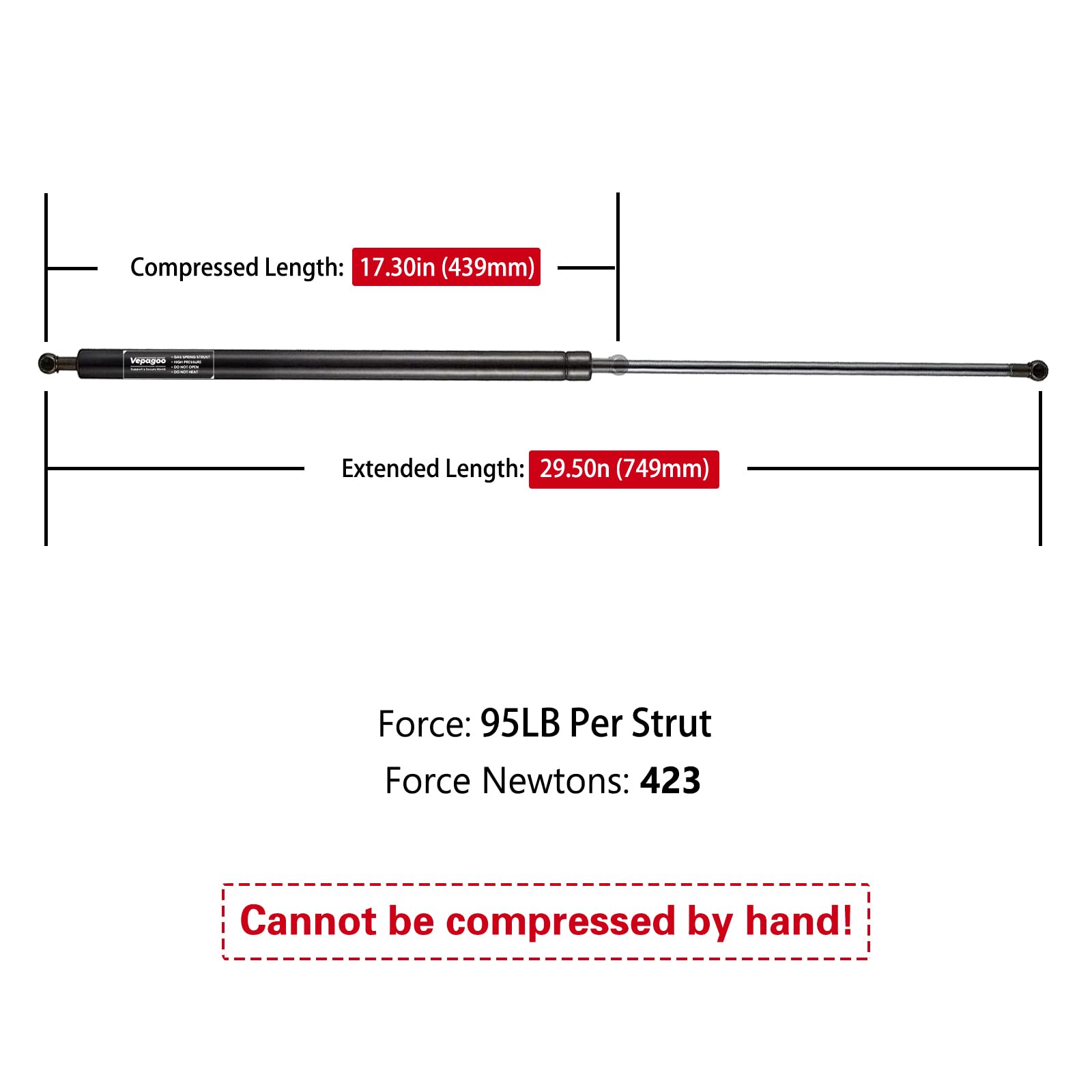 Vepagoo C1619974 29.5 Inch 95Lb/423N Gas Struts Spring Shocks Lift Support For Tonneau Cover, Truck Bed, Floor Hatch, Heavy-Duty