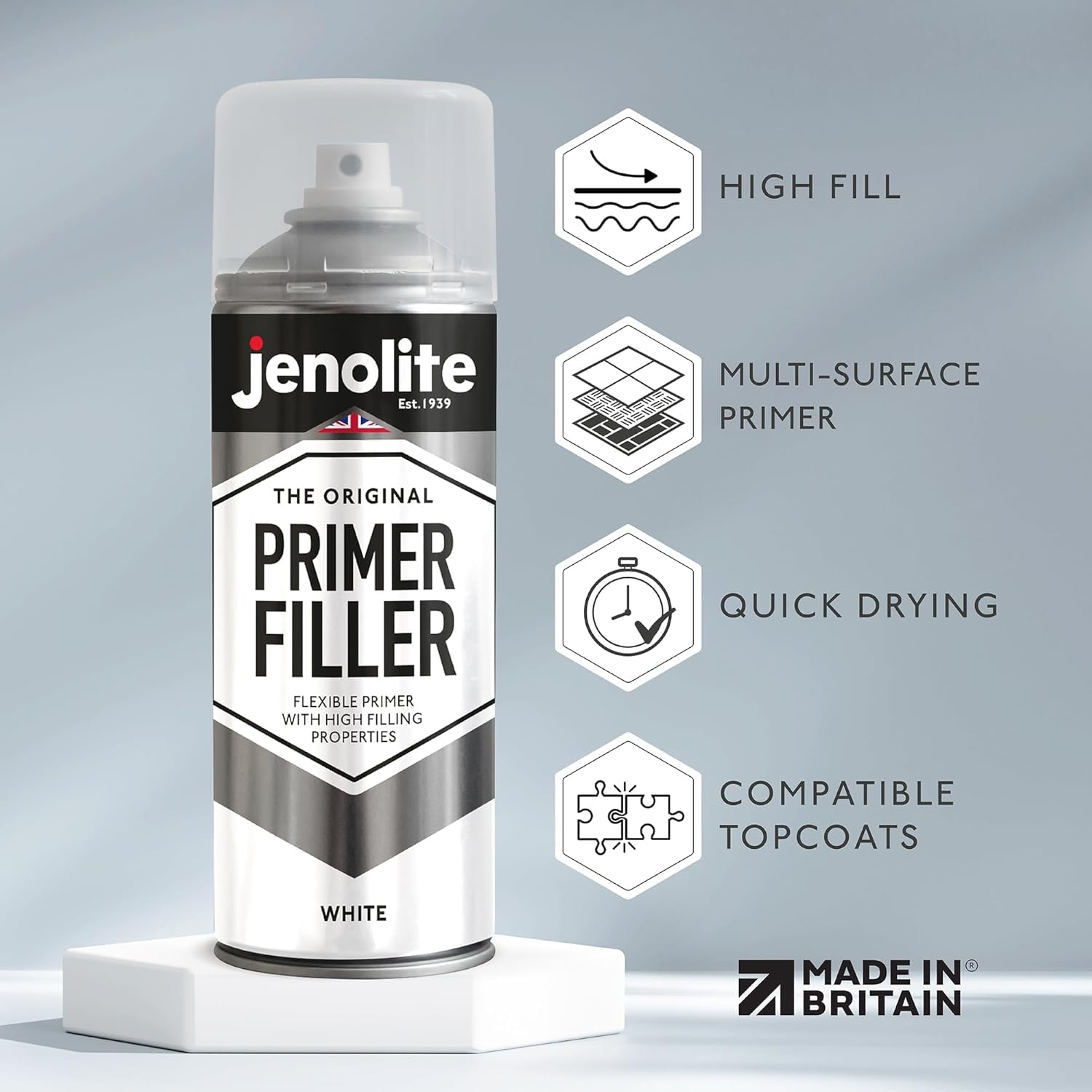 Jenolite Primer Filler Aerosol Paint | White | Flexible Primer With High Filling Properties | Fills Small Dents & Scratches For