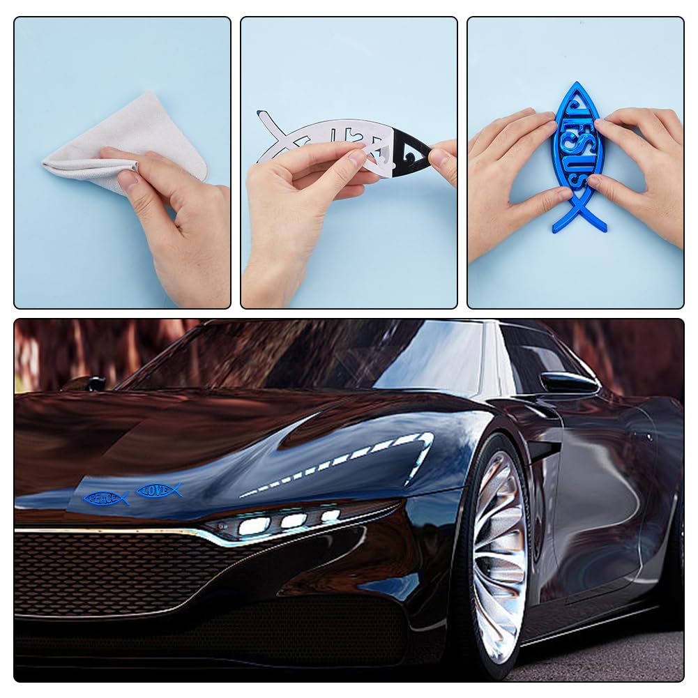 SUPERFINDINGS 6Pcs 6 Styles Blue Jesus Fish Decal Sticker Acrylic Cross Fish Auto Emblem Waterproof Love Peace Car Stickers Self