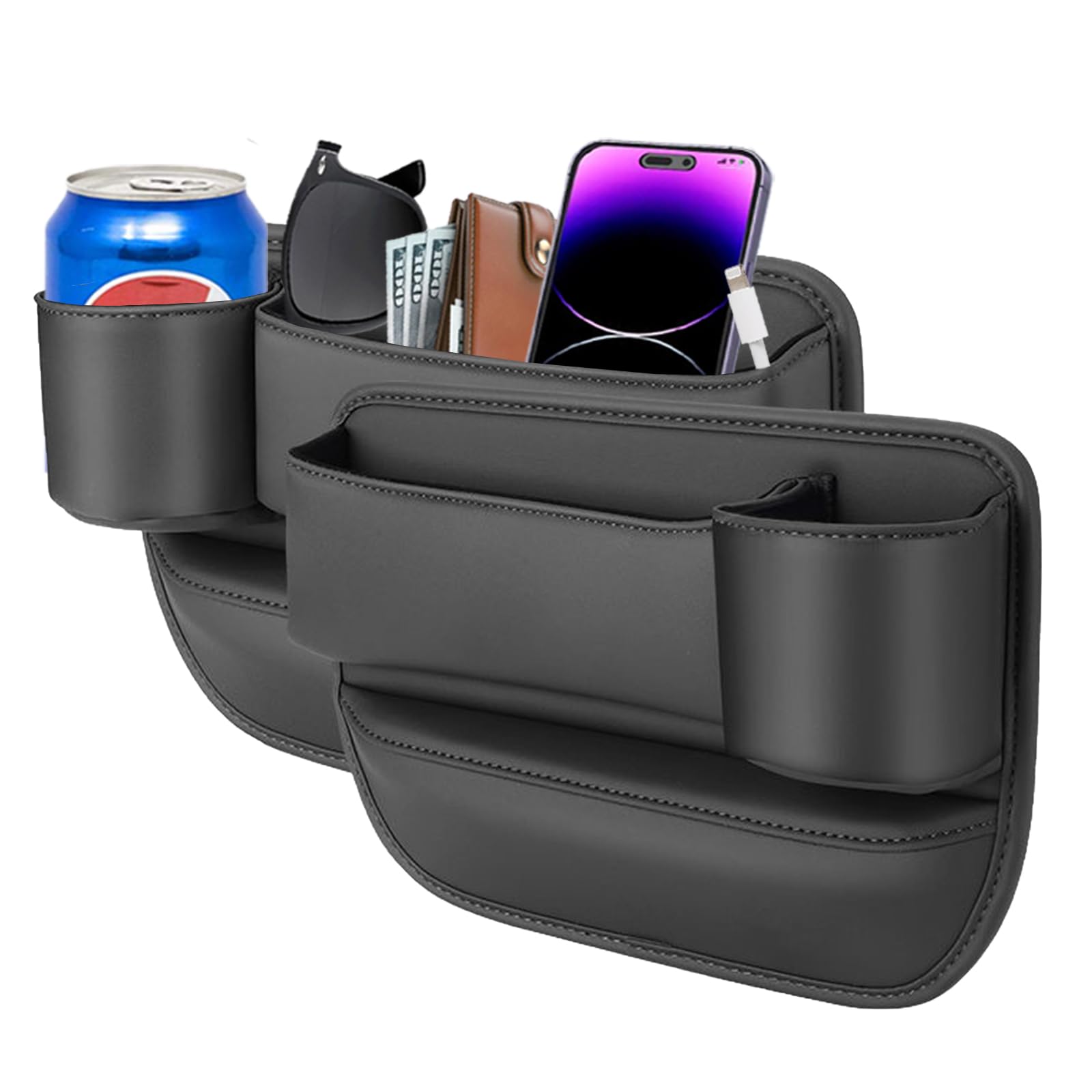 Leqbo Car Seat Gap Filler With Cup Holder,Leather Car Seat Gap Organizer,Front Car Seat Storage Box For Phones,Keys, Wallet, Sun