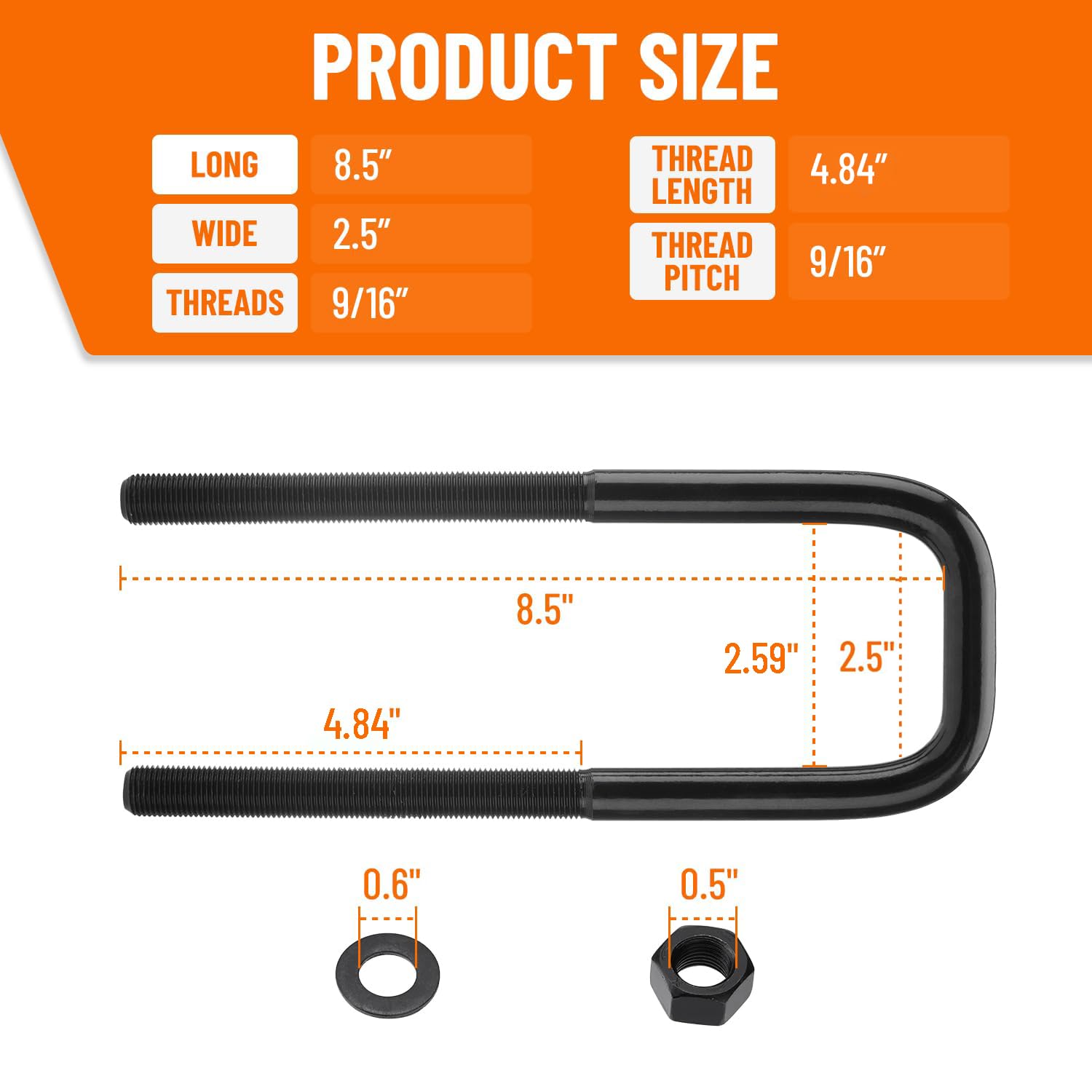 Racewill 4pcs Extended Square Bend U-Bolts 8.5'' Long x 2.5'' Wide x 9/16'' Threads with Hardware
