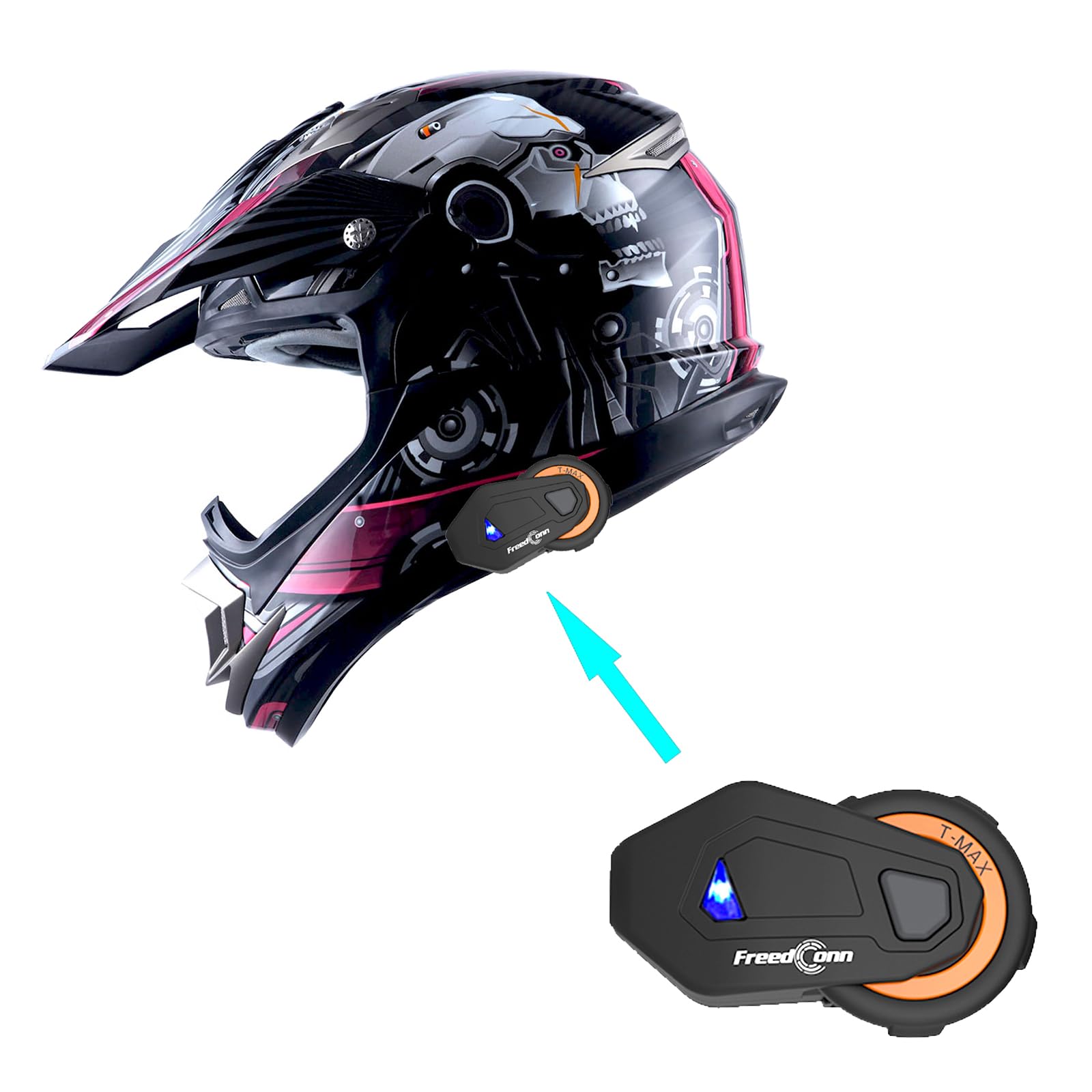 1Storm Adult Motocross Helmet Off Road Mx Bmx Atv Dirt Bike Mechanic + Motorcycle Bluetooth Headset: Skull Pink