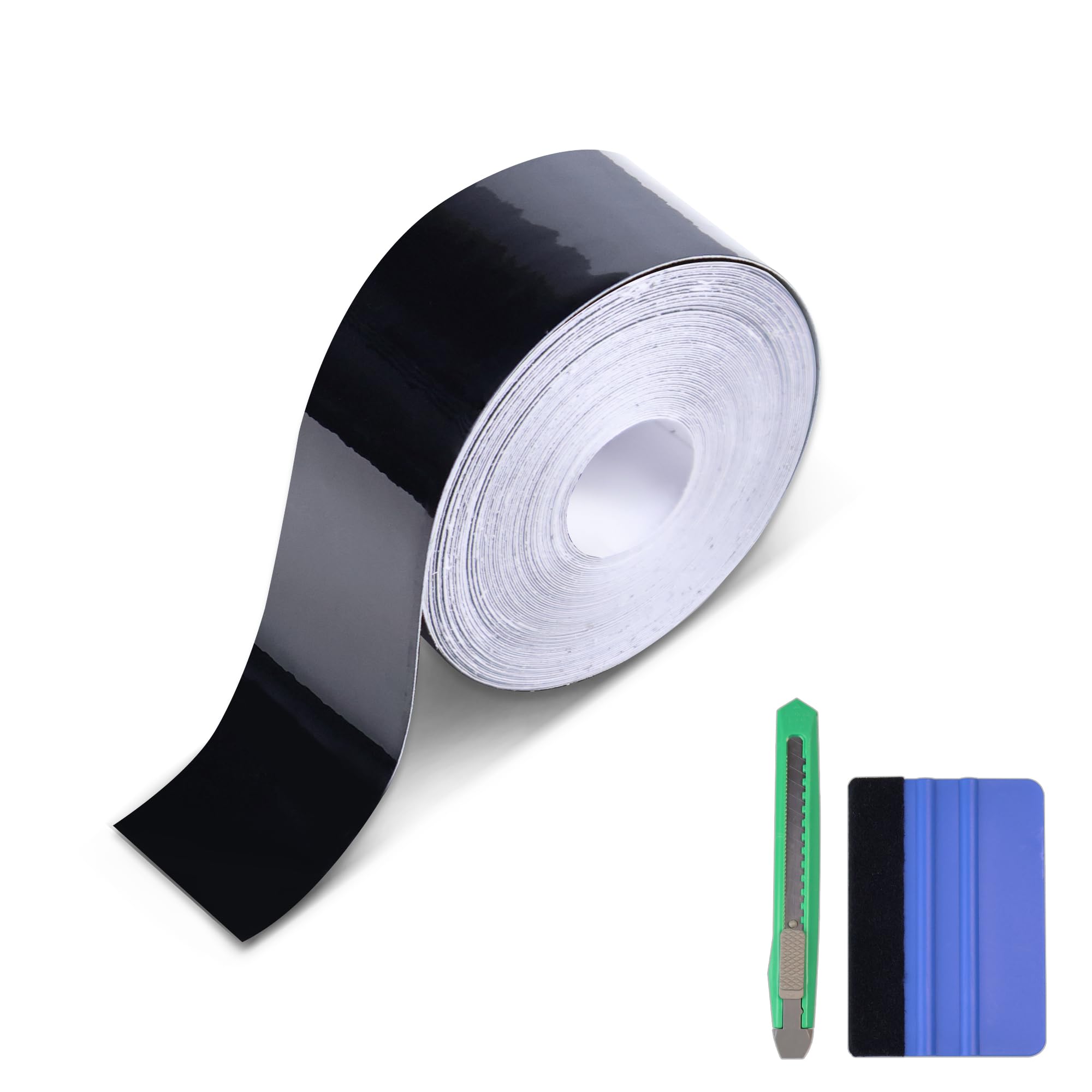 Lypumso High Gloss Black Vinyl Wrap Tape, 1 Inch X 30Ft Self-Adhesive Universal Chrome Black Detailing Tape With Tool, Anti-Scra