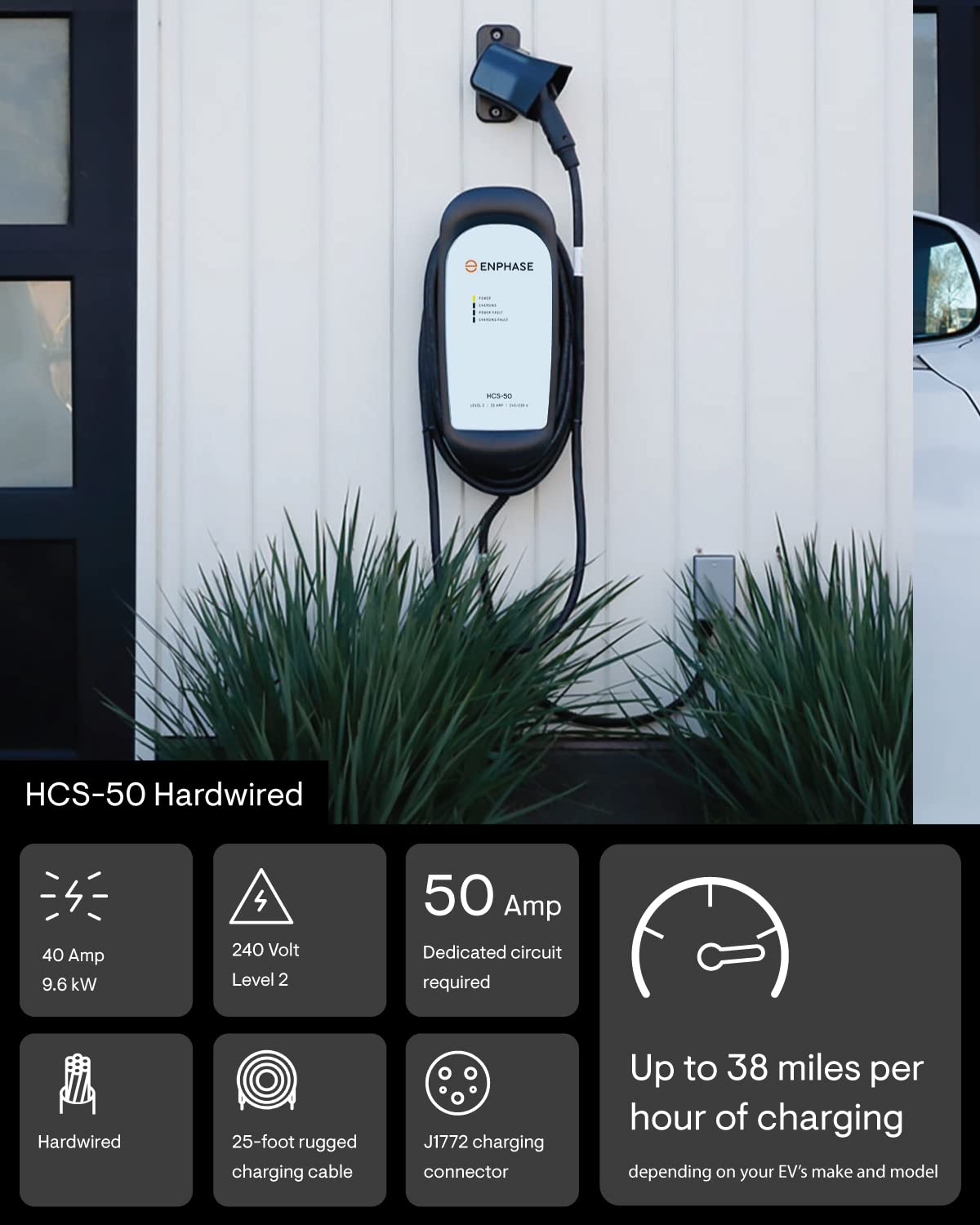 40 Amp Level 2 Ev Charger For Home, Enphase Hcs-50 (Formerly Clippercreek), Hardwired, 5-Year Warranty, 25 Ft Cable, J1772 Conne