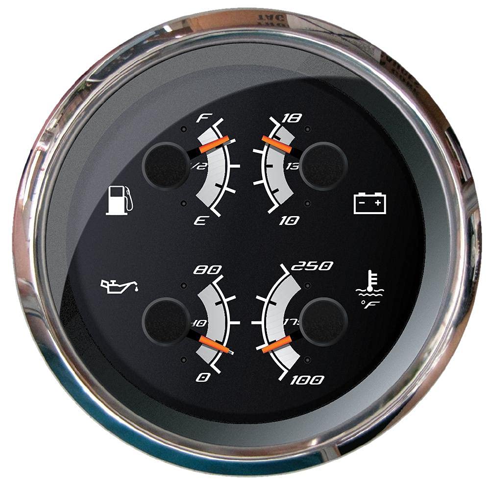Faria Beede F22014 Multifunction Gauge - Fuel Level, Oil Pressure (80 Psi), Water Temp (120-220F), Voltmeter (10-18 Vdc), 4'