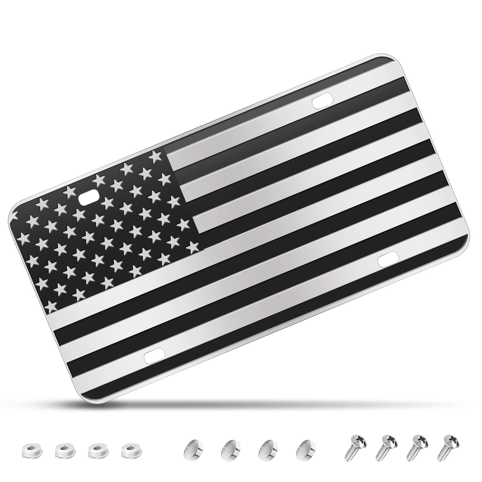 American Flag License Plate, Black Front Flag License Plates With 4 Holes,Custom Novelty Vintage Aluminum Metal 3D Embossed Us L