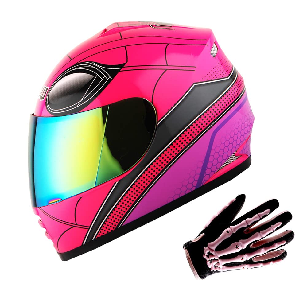 Wow Youth Motorcycle Full Face Helmet Street Bike Bmx Mx Kids Spider Pink + Mx Skeleton Glove Bundle