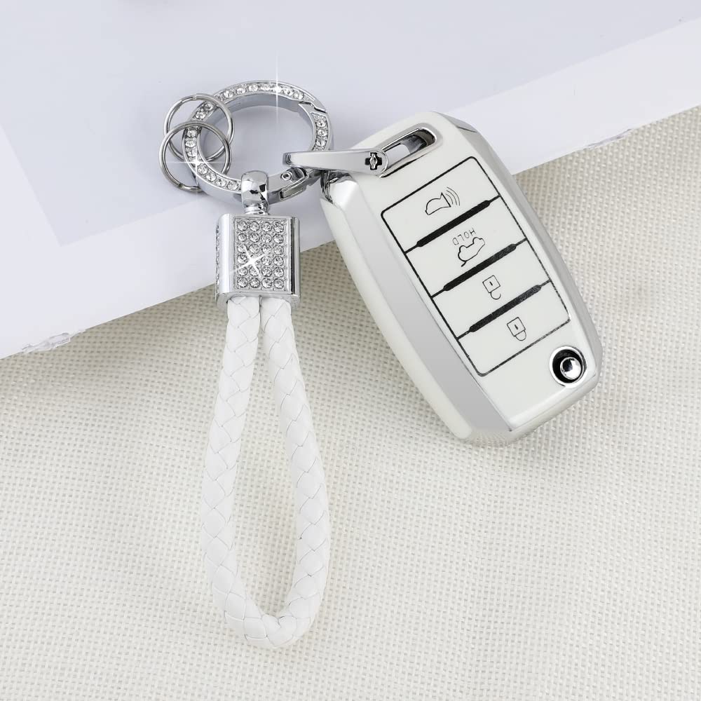 Pifoog For Kia Key Fob Cover Tpu White Silver 4 Buttons Keys Case Shell Protector Bling Keychain For Kia Sorento Optima Soul Spo