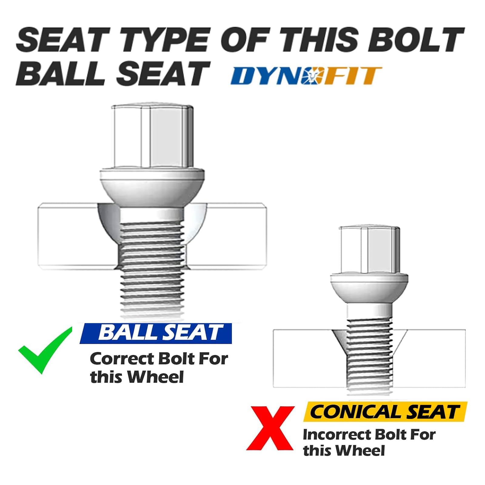 Dynofit 20Pcs M14X1.5 Oem Lug Bolts For A3 A4 A5 A6 A7 A8 S1 S2 S3 S4 S5 S6 S7 S8, 28Mm Shank R12 Ball Seat Wheel Bolts Fit Glof
