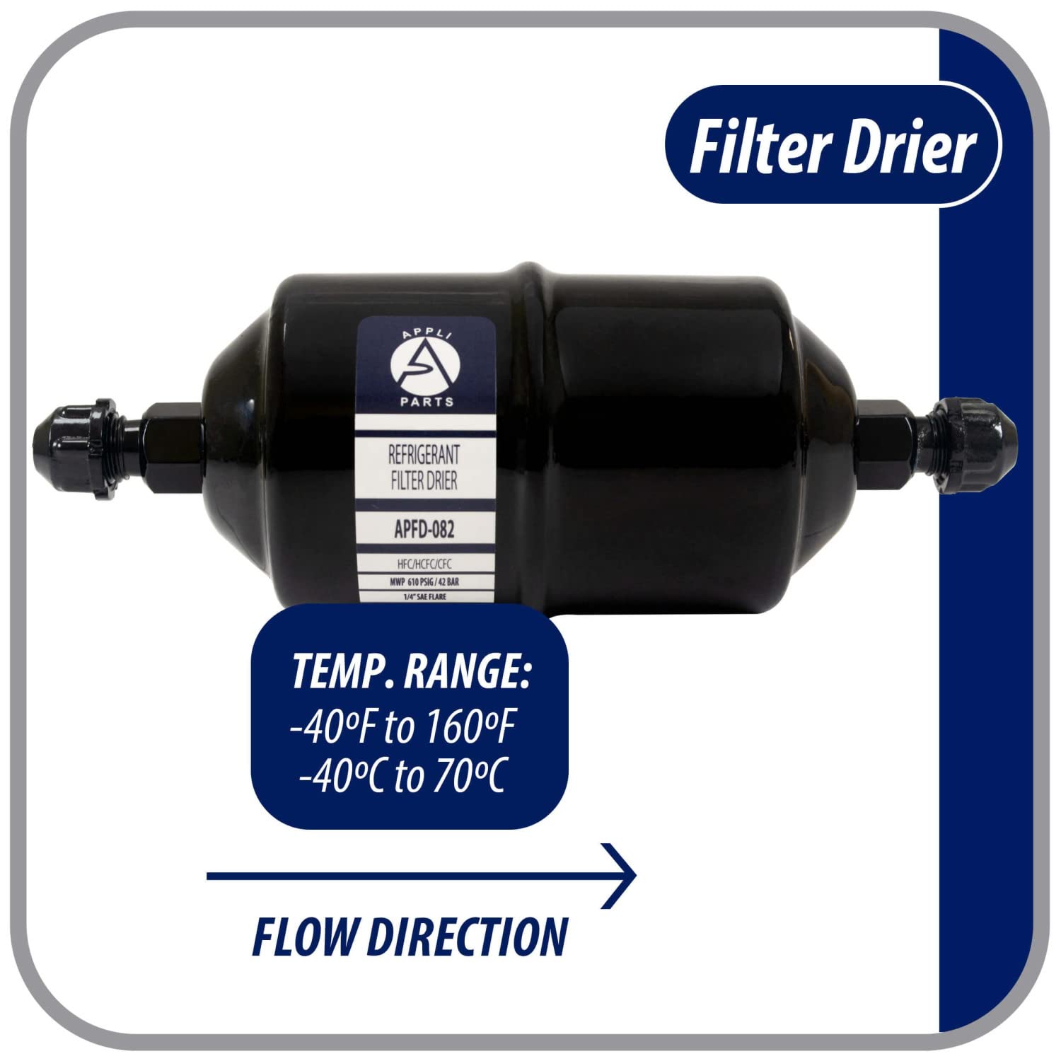 Appli Parts Apfd-082 1/4 In Liquid Line Refrigerant Ac Filter Drier Hvac Refrigeration 082 Sae Flare Connection Universal Unidirectional 6In Long 2-1/4 In Wide