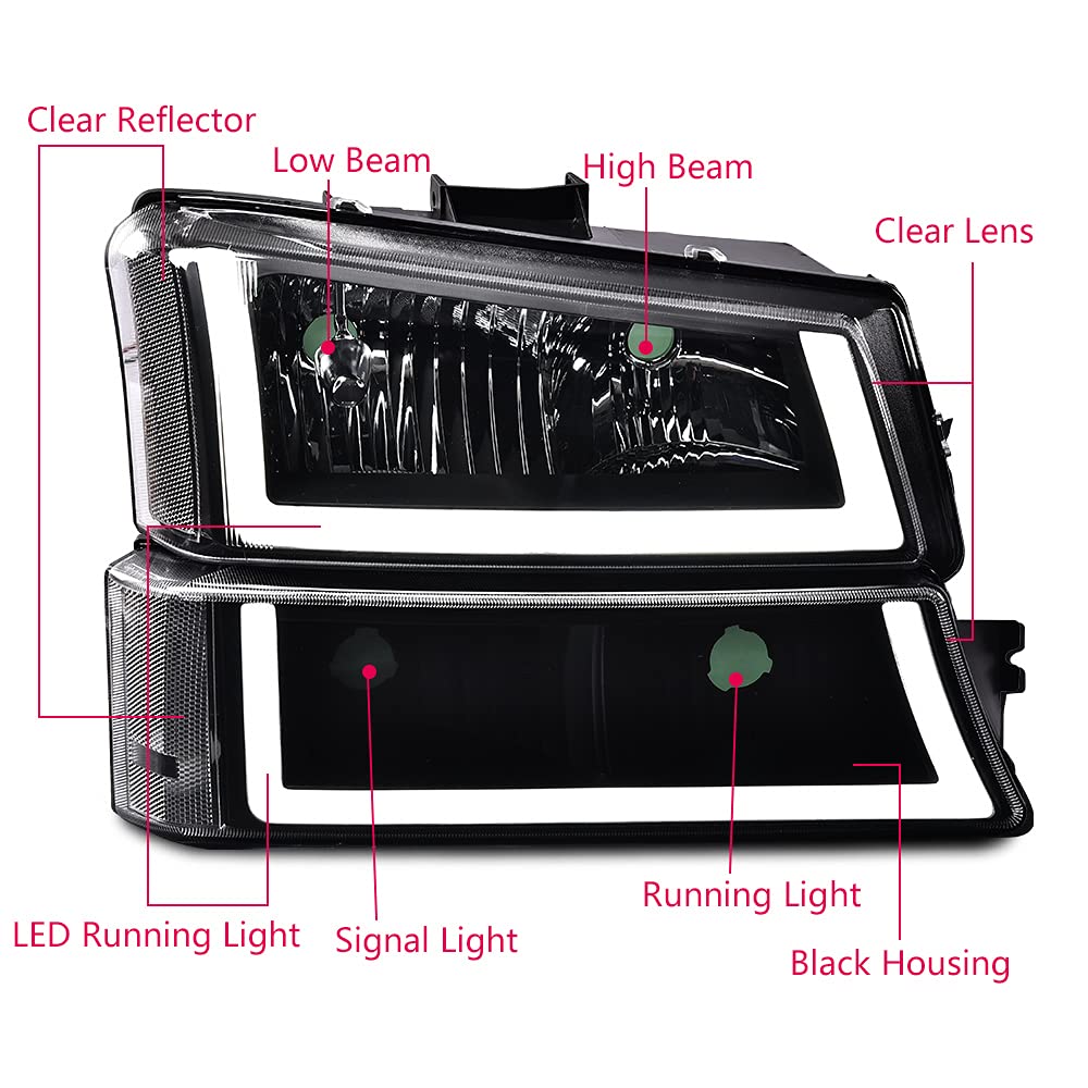 2Pcs Black Housing Clear Lens Clear Corner Headlights Assembly For 2003-2006 Chevy Silverado, Left & Right Headlights Assembly H