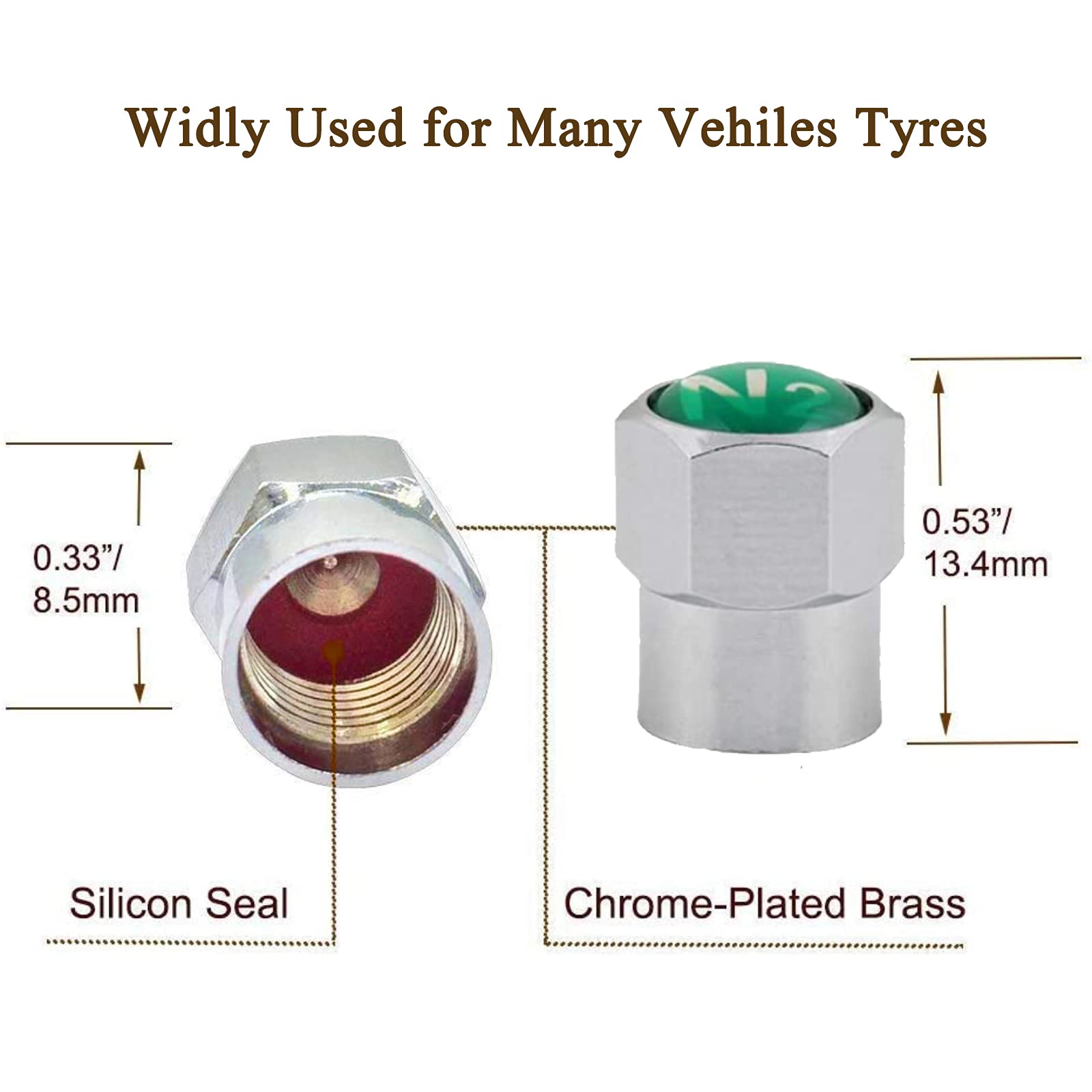 GODESON Chrome Plated Brass Tire Valve Stem Caps with N2 Nitrogen Logo, Green, 0.53 inch, 5 pcs Set + 1 Spare