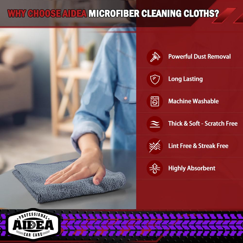 Aidea Microfiber Cleaning Cloth Grey 10Pk, Micro Fiber Cloth For Cleaning Cars, Premium All Purpose Car Towels, Dusting Cloth Cl