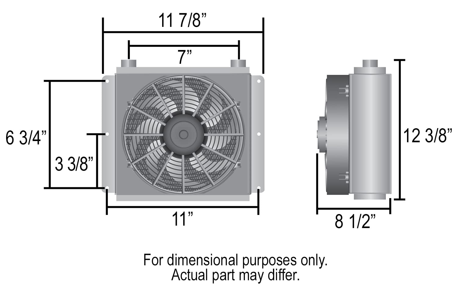 Derale Fluid Cooler and Fan, 12-3/8 x 11-7/8 x 8-1/2 in, Tube Type, 7/8-14 in Female O-Ring Inlet Fitting, 7/8-14 in Female O-Ri