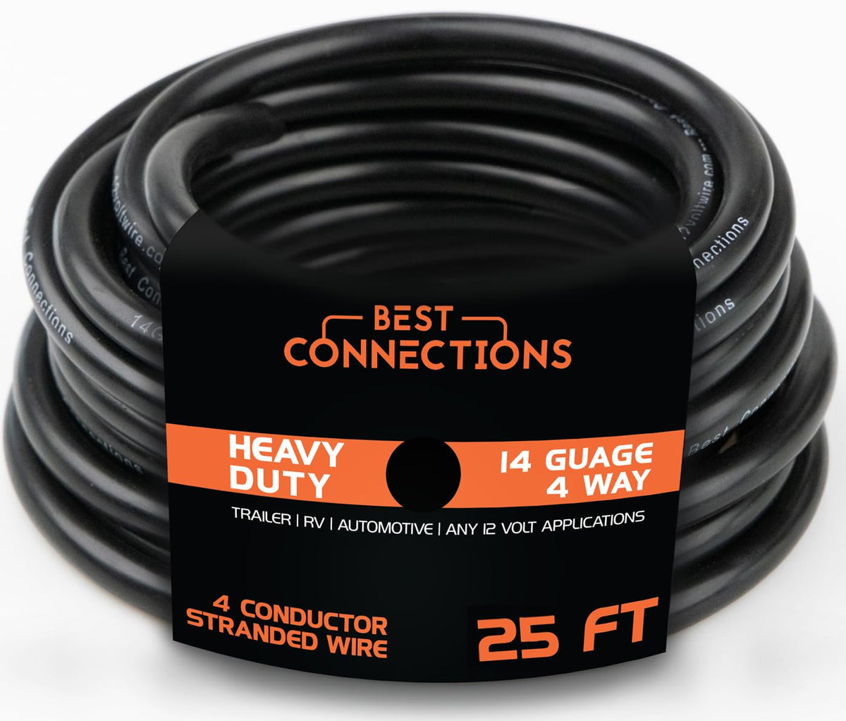 BEST CONNECTIONS 4 Way Trailer Wire (25 Feet) - Heavy Duty 14 Gauge 4 Conductor Insulated Cable - Durable, Weatherproof, Color-C