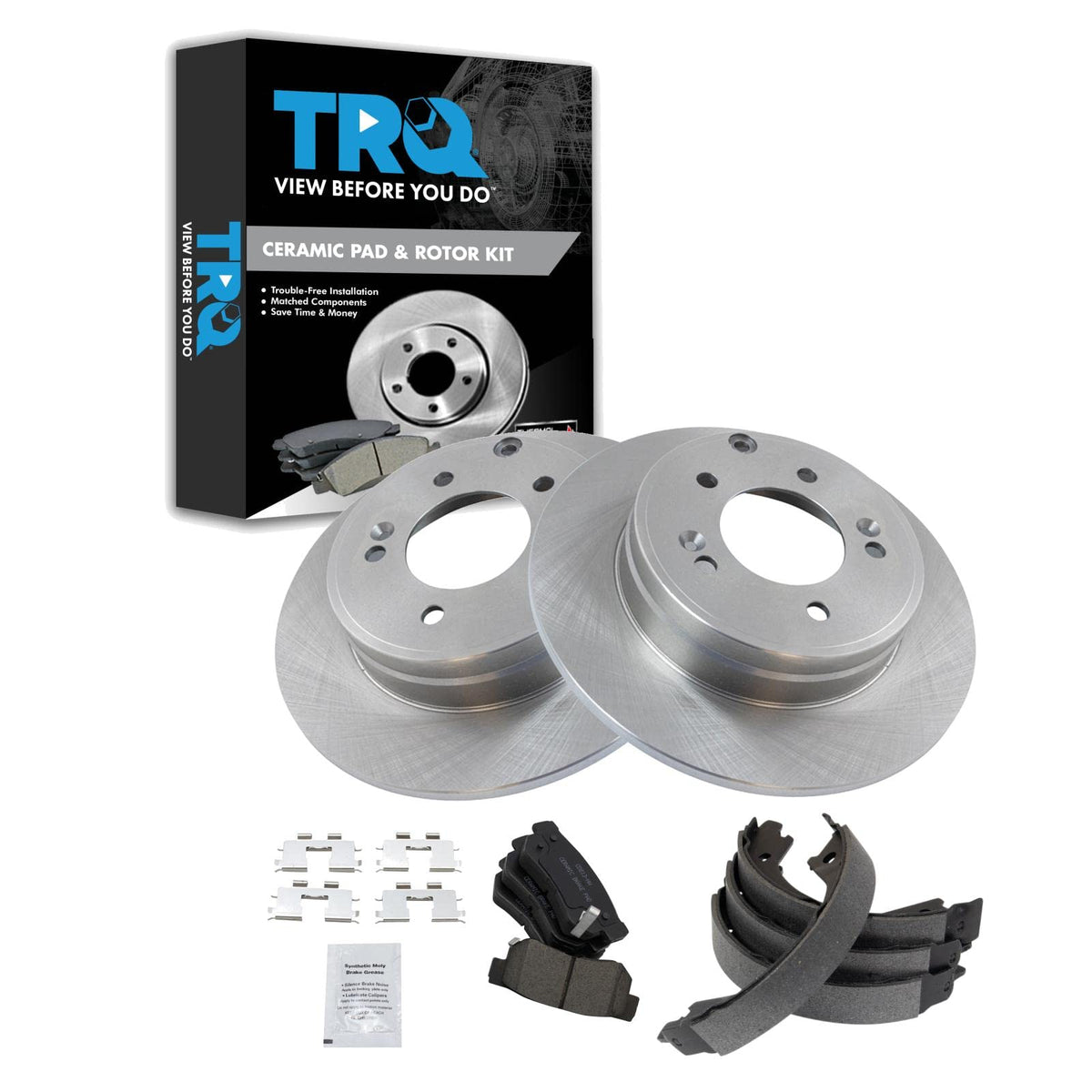 Trq Rear Brake Pad & Rotor Kit Brake Pads Brake Rotor Parking Brake Shoe Set Ceramic Compatible With 2007-2008 Hyundai Sonata
