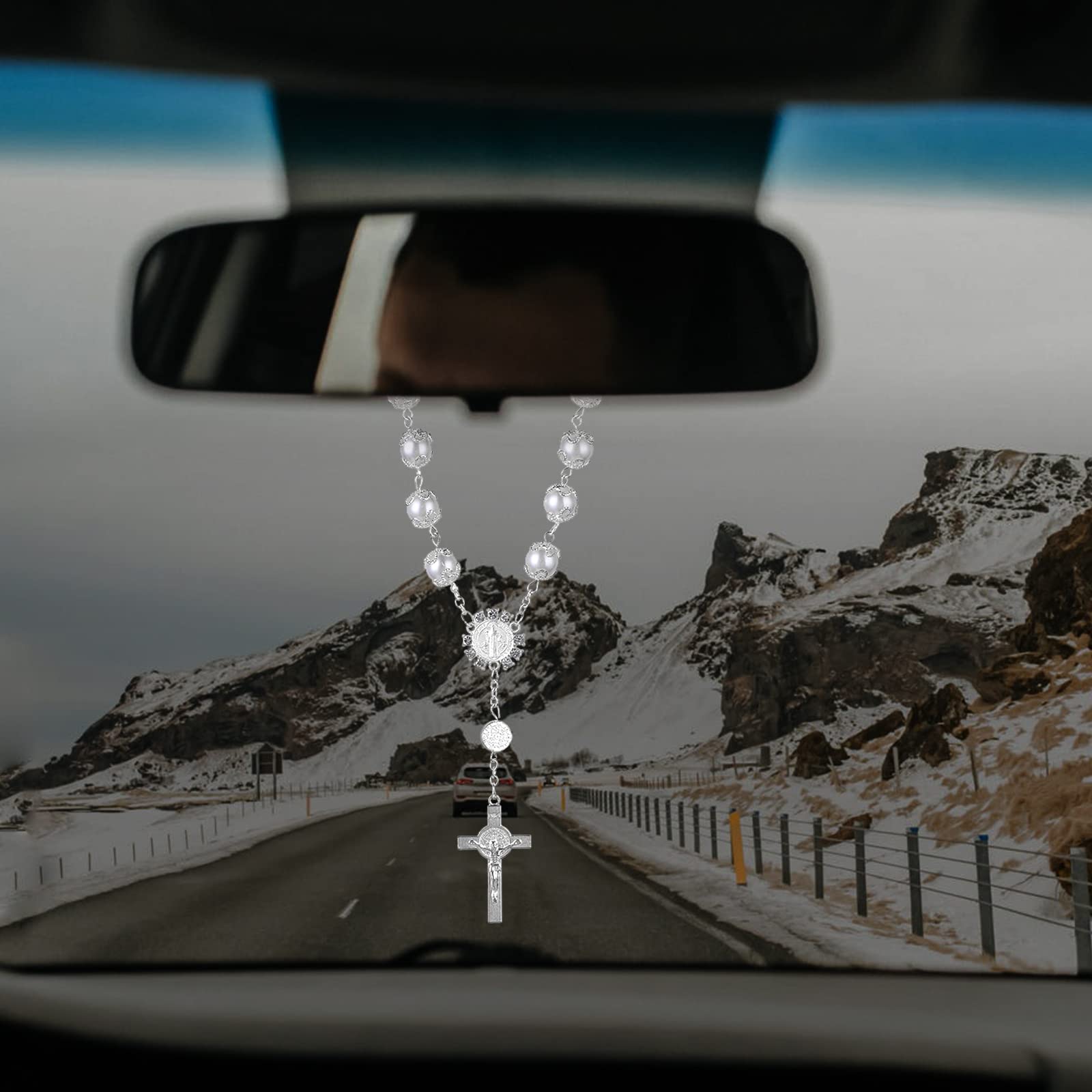 Cobee Car Rosary For Rearview Mirror, 2 Pieces Car Mirror Hanging Cross Auto Rosary Rear View Mirror Pendant Car Hanging Accesso