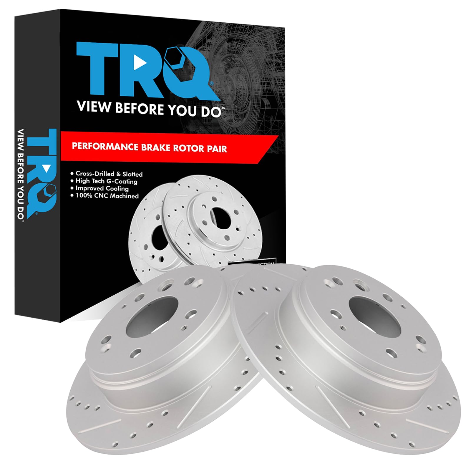 Trq Rear Performance Brake Rotors Set Solid Premium G-Coated Cross Drilled & Slotted Compatible With 2004-2008 Acura Tl 2003-201