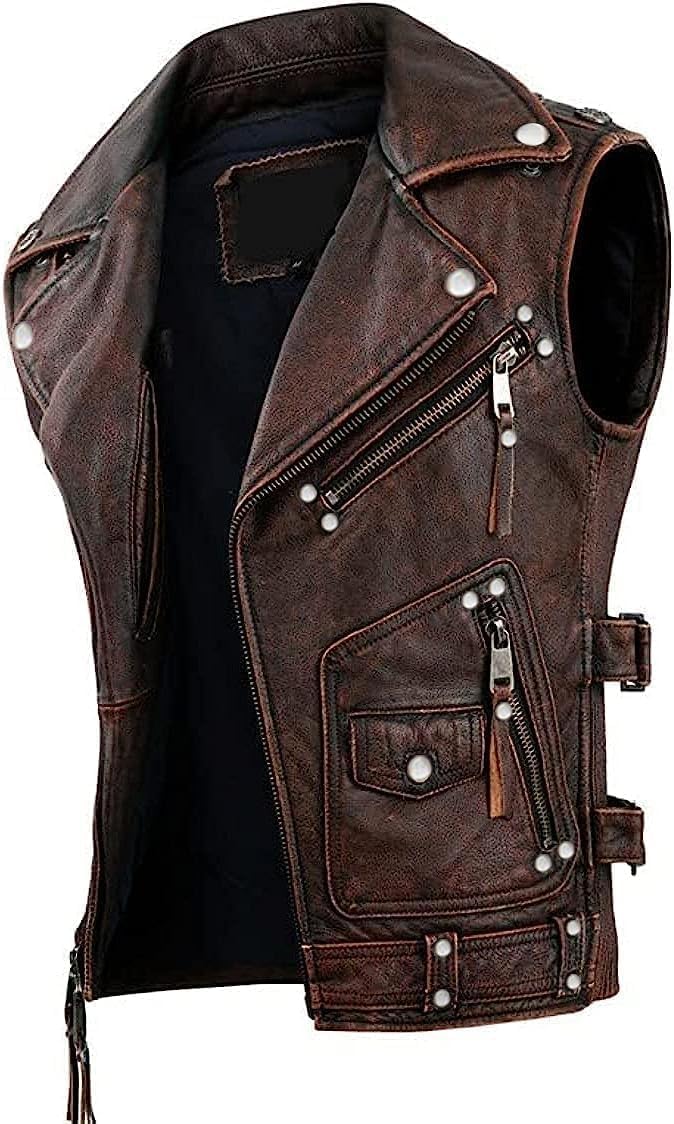 Cheemaz Men’S Vintage Negan Cowhide Brown Biker Riding Sleeveless Motorcycle Leather Vest (As1, Alpha, X_L, Regular, Regular, Brown)