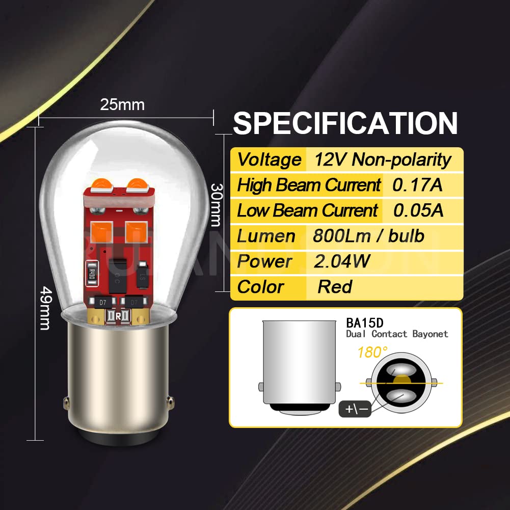 Ruiandsion 2Pcs Ba15D 1130 1142 1176 Led Bulb Red 12V Replacement For Car Trailer Marine Rv Camper Boat Tail Lights,Non-Polarity