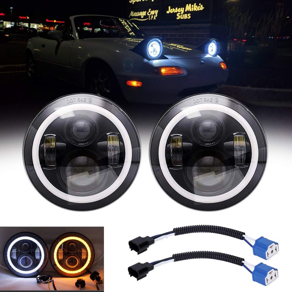 AMUNIESUN Compatible With Mazda Miata MX5 MX-5 1990-1997 H6024 Pair Headlight Lights Halo Angel Eye White DRL Amber Turn Light w