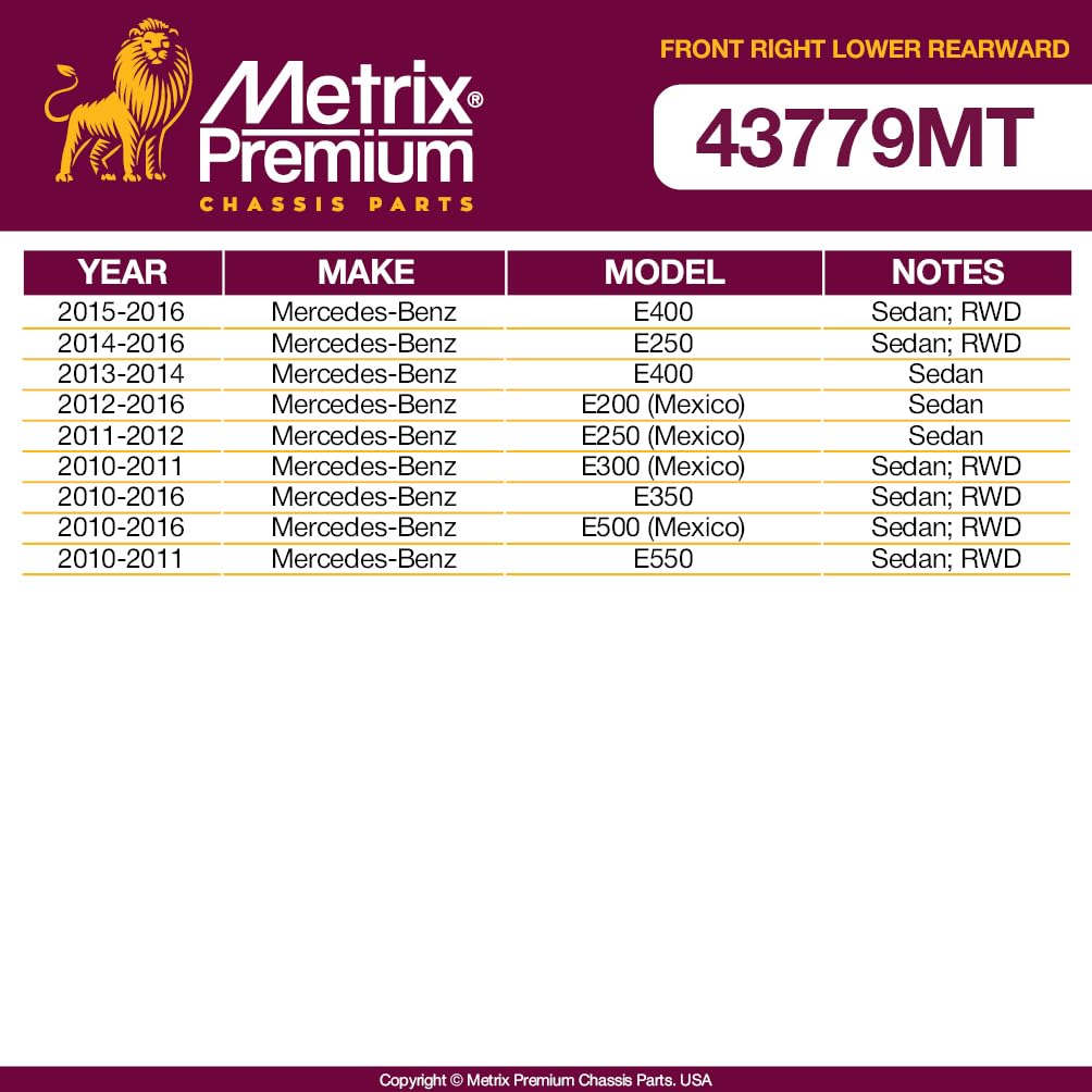 Metrix Premium Chassis Parts - Front Right Lower Rearward Control Arm Fits 15-16 Mercedes-Benz E400 Rwd, 14-16 E250 Rwd, 13-14 E