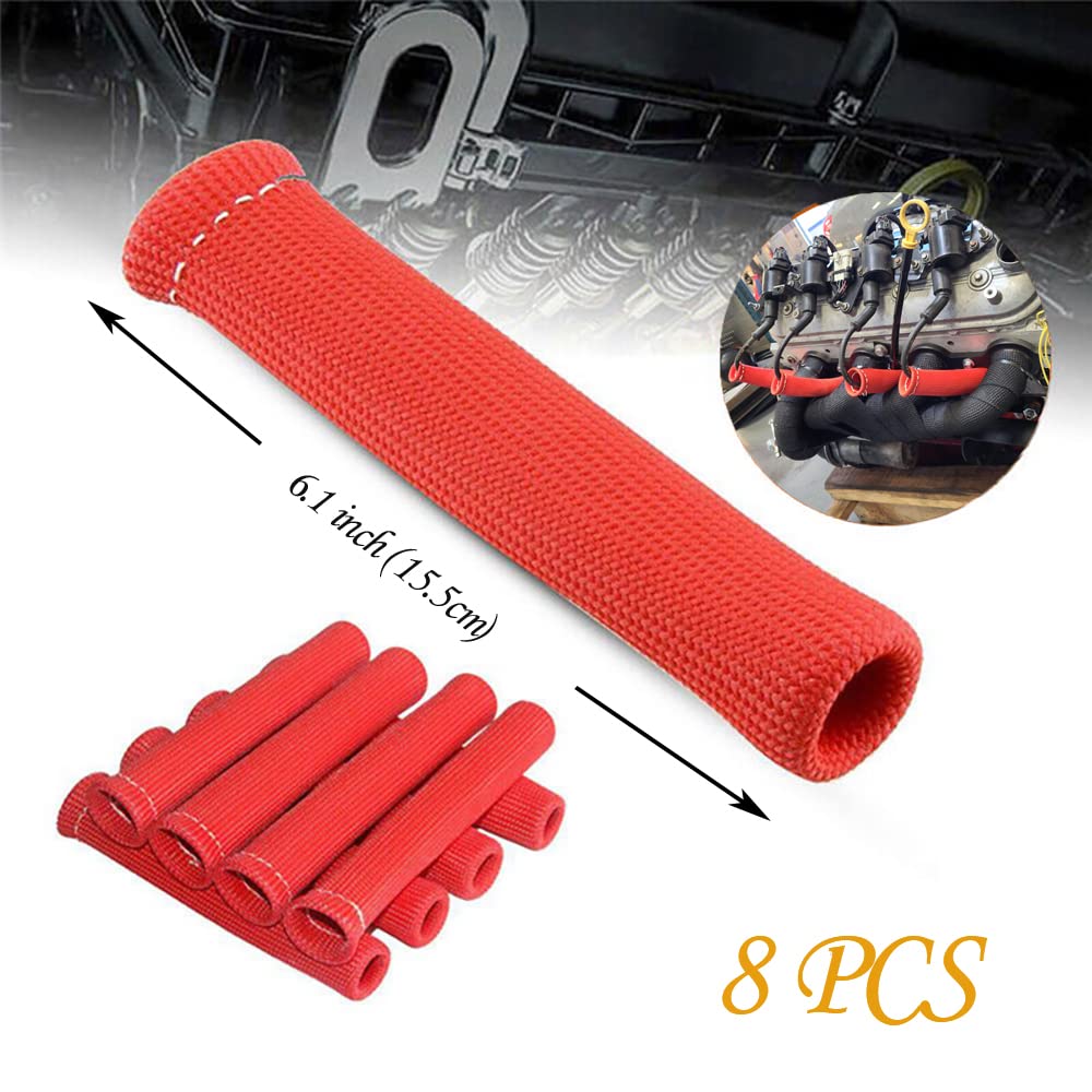 Spark Plug Wire Boots Thermal Protection Insulator Sleeve, 1200 Degree Heat Shield Cover Wrap 6 Inch For Car Truck 8Pcs(Red)