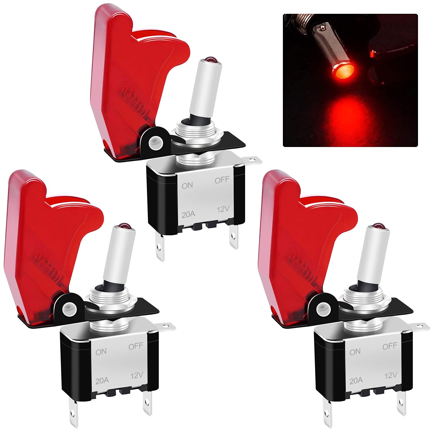 Twidec/3Pcs Rocker Toggle Switch 12V 20A Heavy Duty Racing Car Automotive Auto SPST ON/Off Toggle Switch Red LED Light Illuminat
