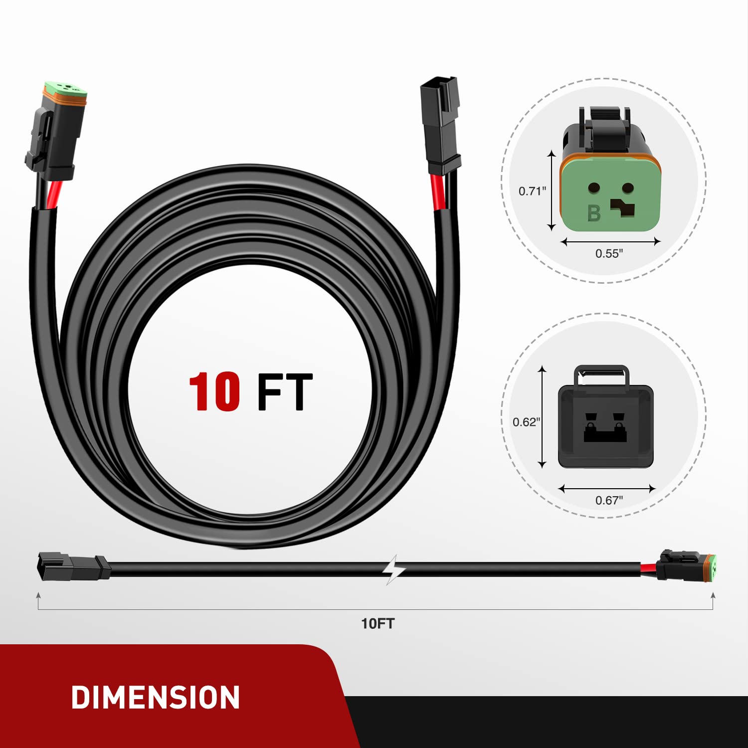 Nilight 2PCS 16AWG 10FT Wiring Harness Extension Kit, 2-Pin DT Connector for Offroad LED Light Bar, Work Light, Fog Light