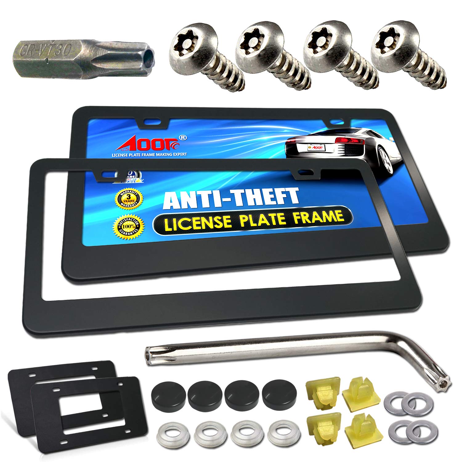 Aootf Anti Theft License Plate Frame- Tamper Proof Black Aluminum Car Tag Holder, 2 Pack Heavy Duty Universal Cover For Front And Rear, Stainless Steel Lock Security Screws(Self-Tapping), Nuts, Caps