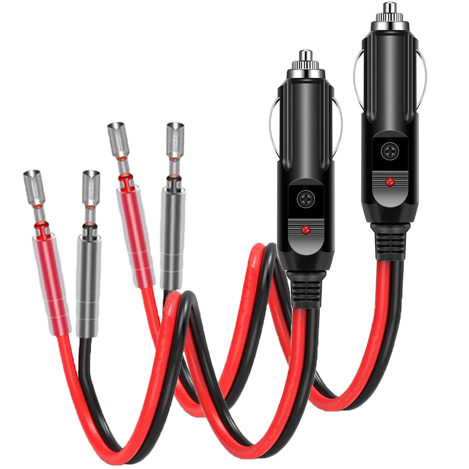 Holder 2 Pack 12V Fused Cigarette Lighter Male Plug With Leads & Led Light, 16Awg Car Replacement Heavy Duty Male 15A Fused Cigarette Lighter Socket Cord