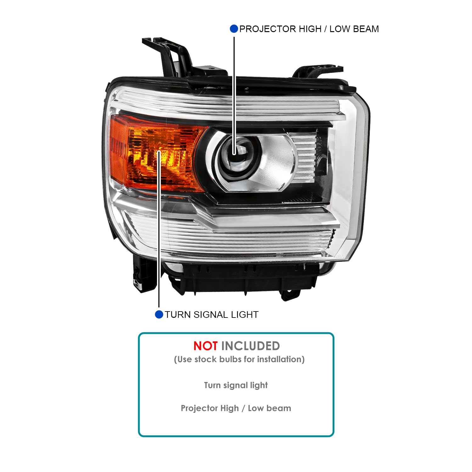 SPEC-D TUNING Chrome Housing Clear Lens Projector Passenger Right Side Headlight Compatible with 2014-2015 GMC Sierra 1500/2500/3500HD Base/Denali/SLE/SLT
