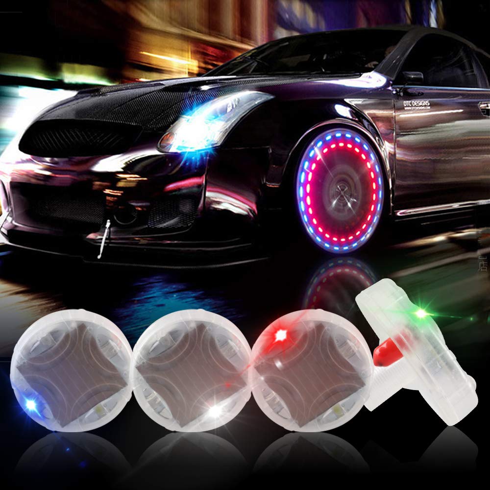 Kaidengzhe Solar Car Tire Wheel Lights Led Car Wheel Tire Air Valve Cap Light With Motion Sensors Flashing Colorful Led Gas Nozzle Cap Tire Light Use For Car Motorcycles Bicycles (Pack Of 4)