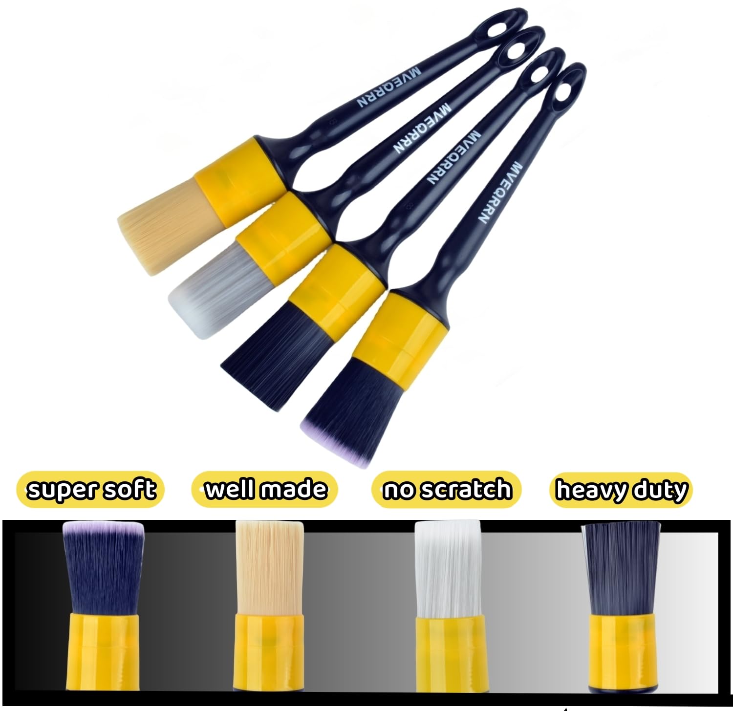 Mveqrrn 4Pcs Car Detailing Brush Set, Boars Hair, Ultra Soft, No Scratch, Interior & Exterior, Includes 4 Different Brushes, Erg