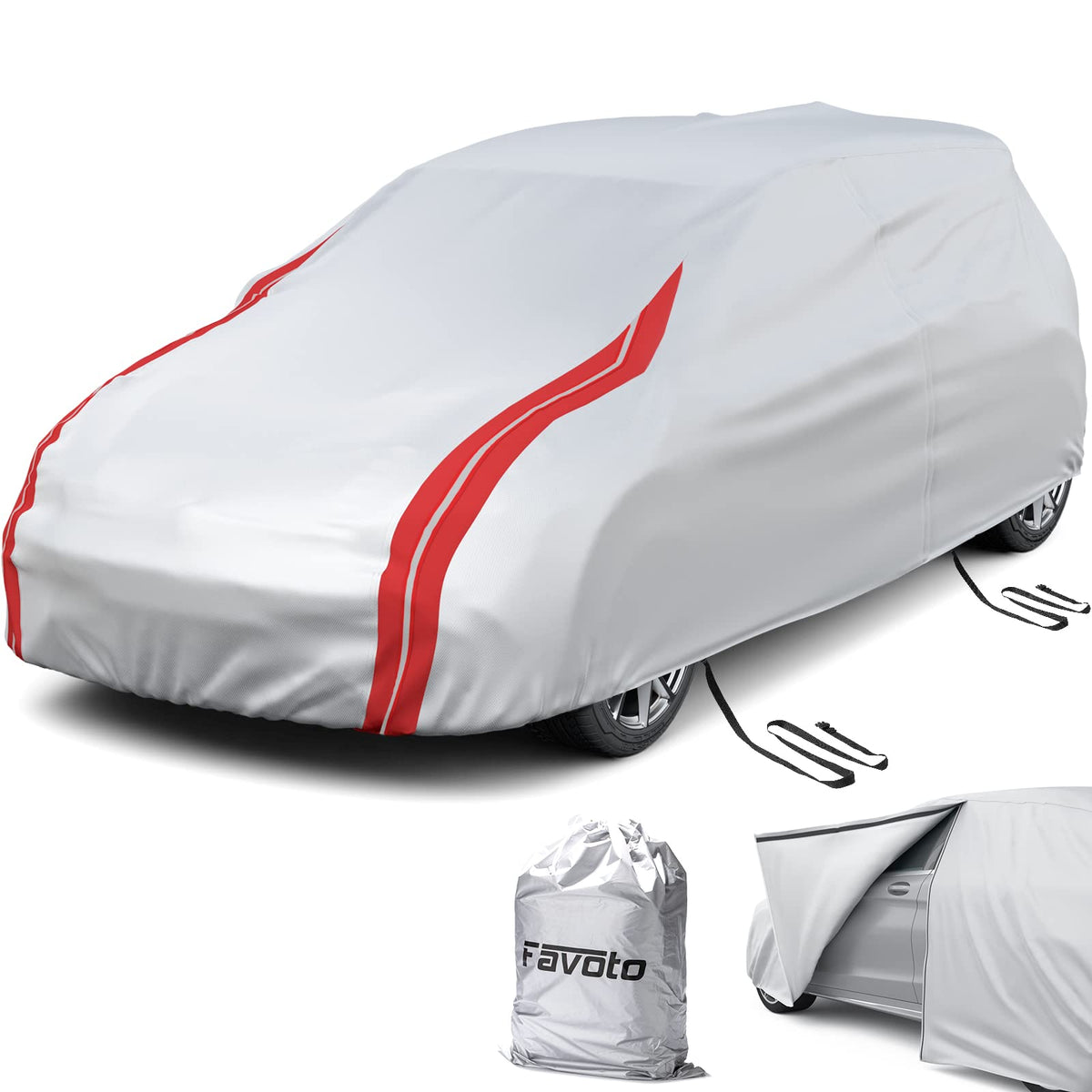 Favoto Hatchback Car Cover Waterproof - All Weather for Automobiles, Outdoor with Reflective Stripe Snow Sun Dust Protection Ful
