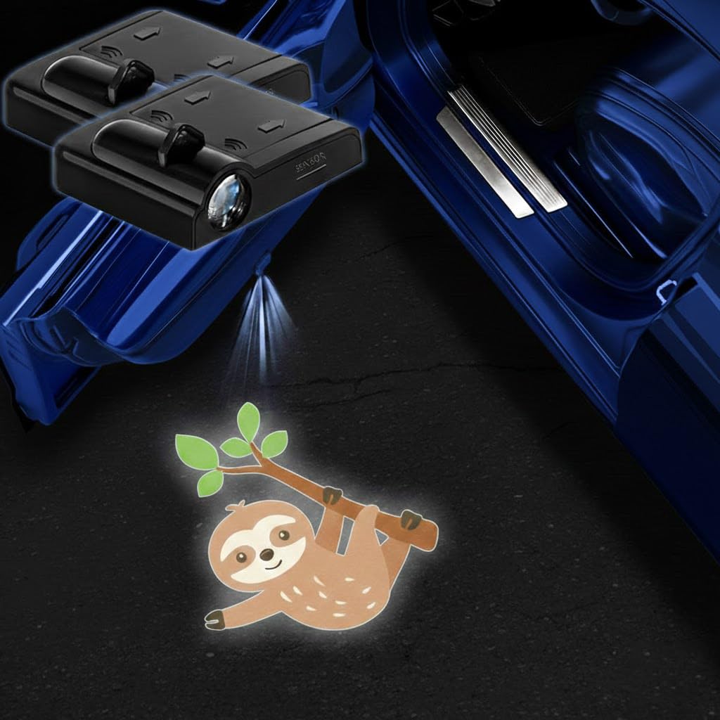 2PCS Sloth Car Door Lights Projector,Wireless LED Welcome Puddle Lights,Magnetic Logo Projector Door Light Decor Car Accessories